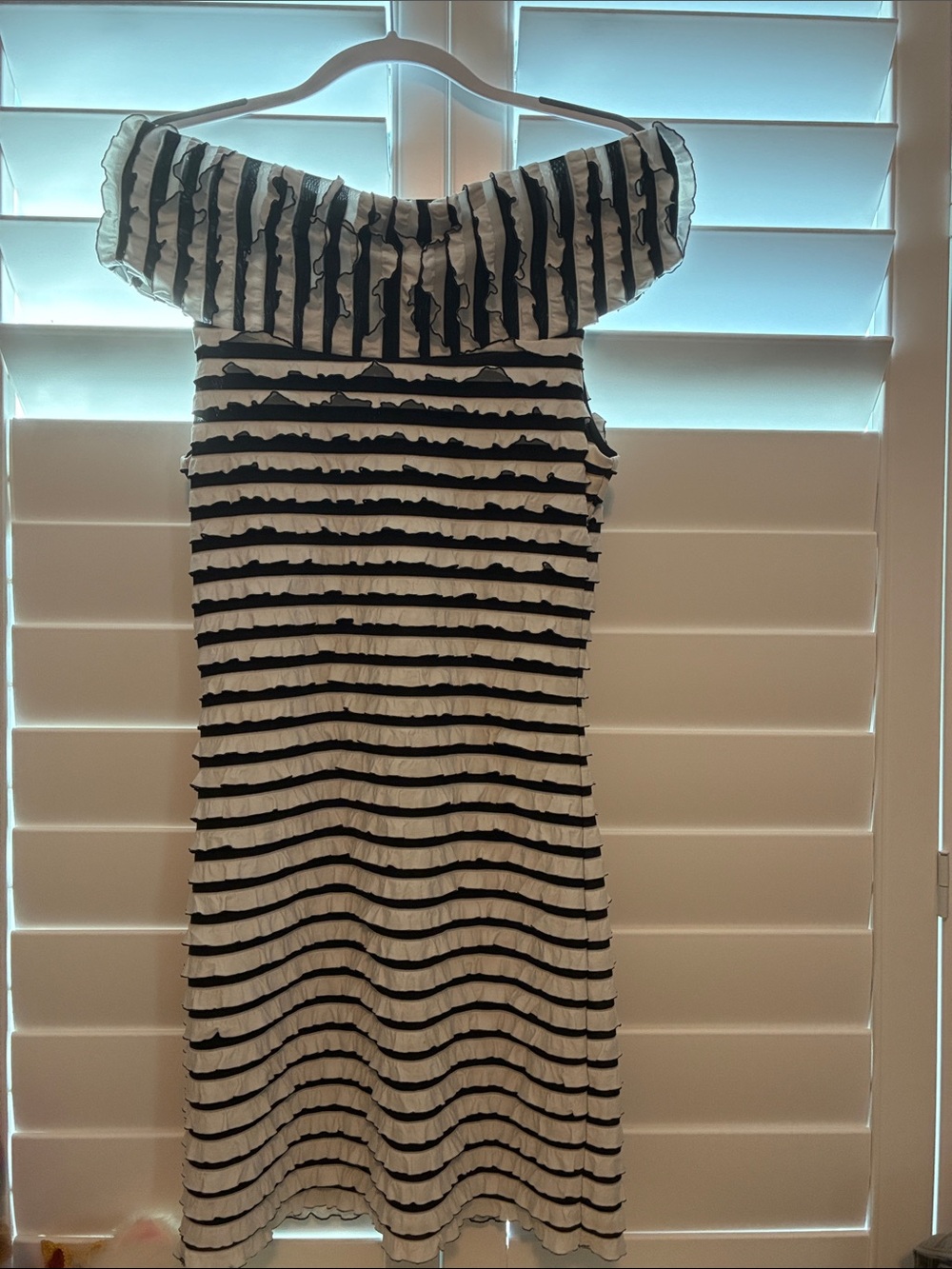 Samuel Dong Black & White Striped Off-Shoulder Ruffle Midi Dress